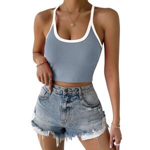 Blue Color Block Cross Back Ribbed Tank Crop Top- Small